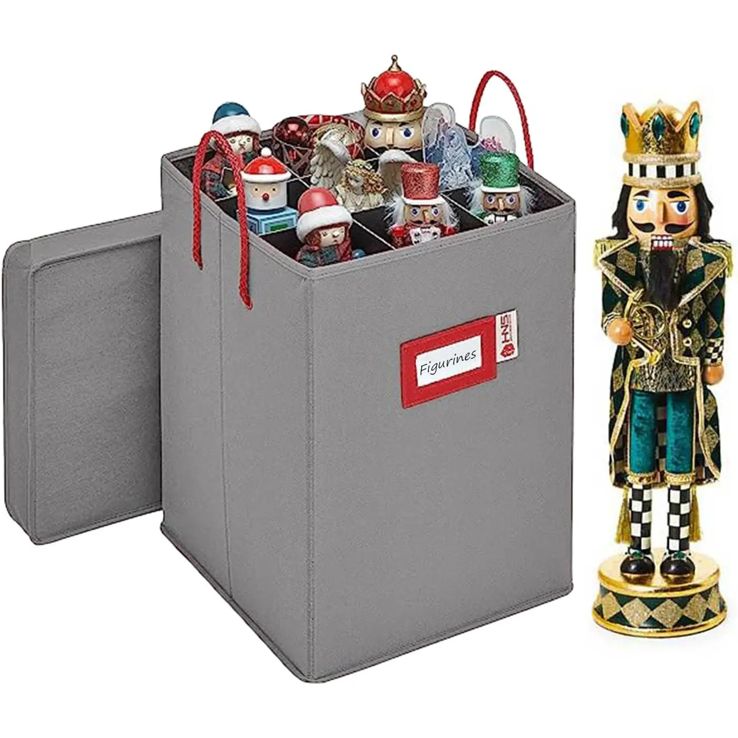 Figurine Collectible  Box, Gray | 9 Slots Stores up to 16-in Tall Pieces, Ajustable Dividers, Nutcrackers, Ornaments & , Holiday Decor Organizer