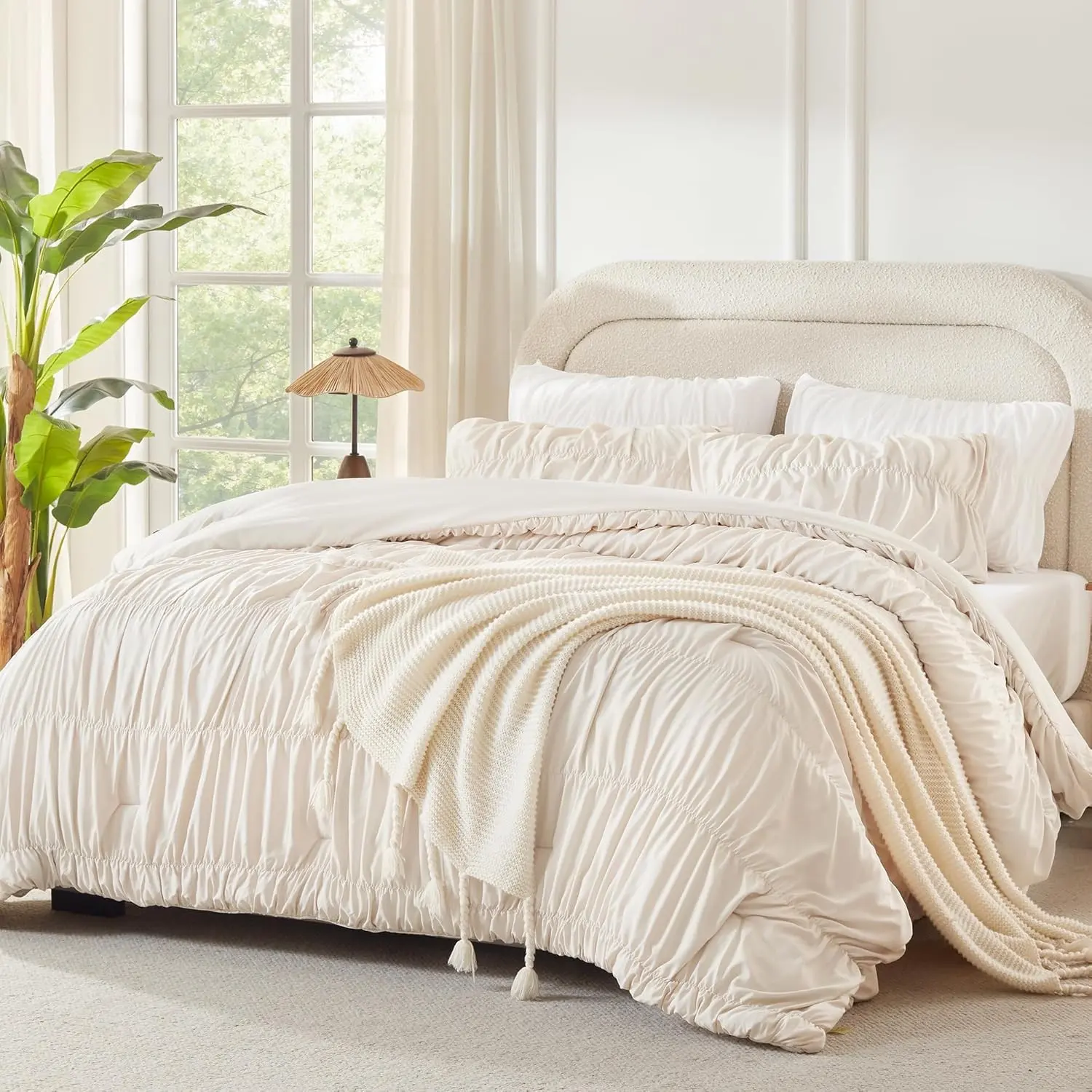 3 Pieces Ruched Beige Queen Comforter Set, Boho Ruffle Bedding Set - Shabby Chic Soft Lightweight Pleated Comforter for Girls Kids Women, All Season