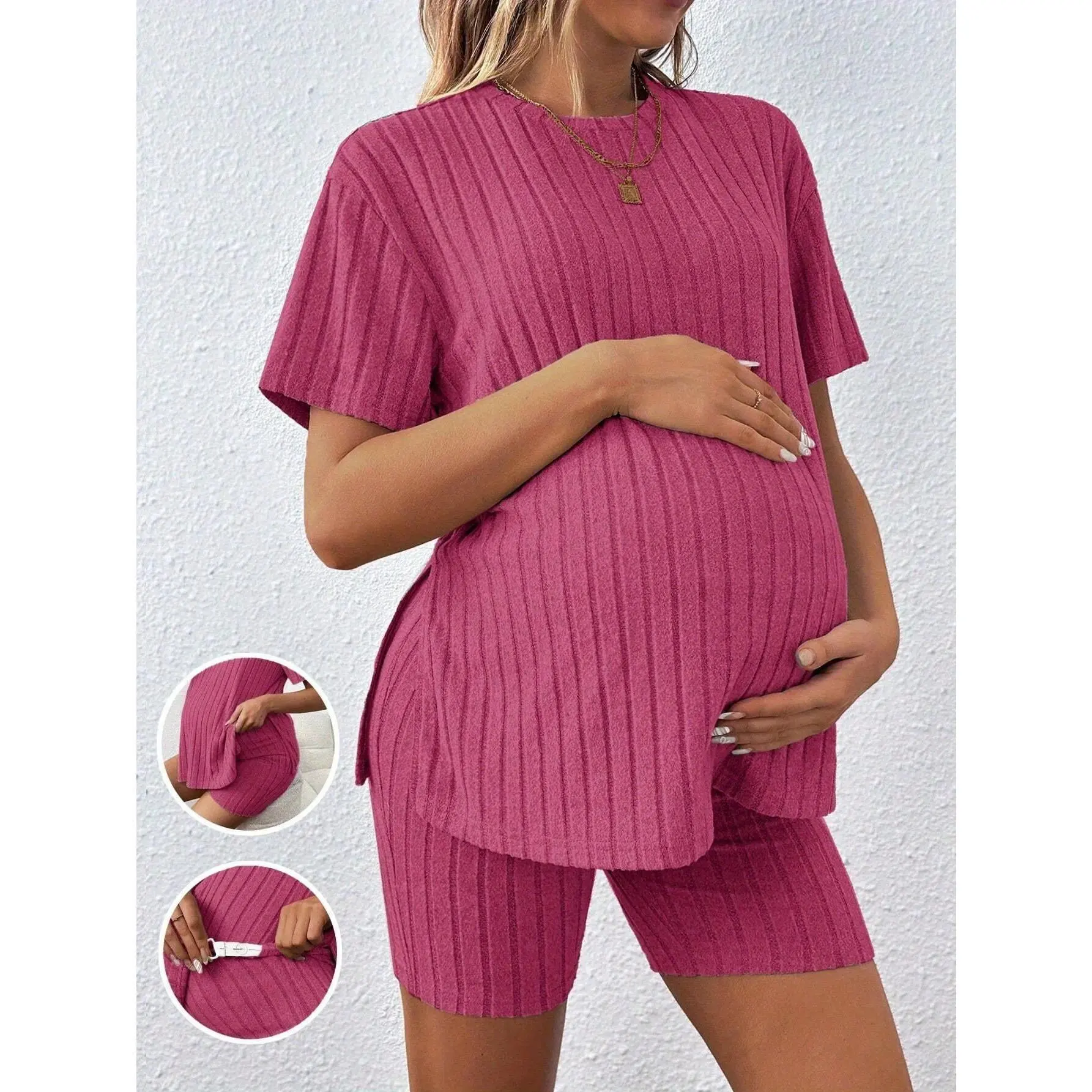 Pregnancy clothesMaternity Two-Piece Set, Summer Comfortable Casual Versatile Loose Stretch Pink Maternity Suit