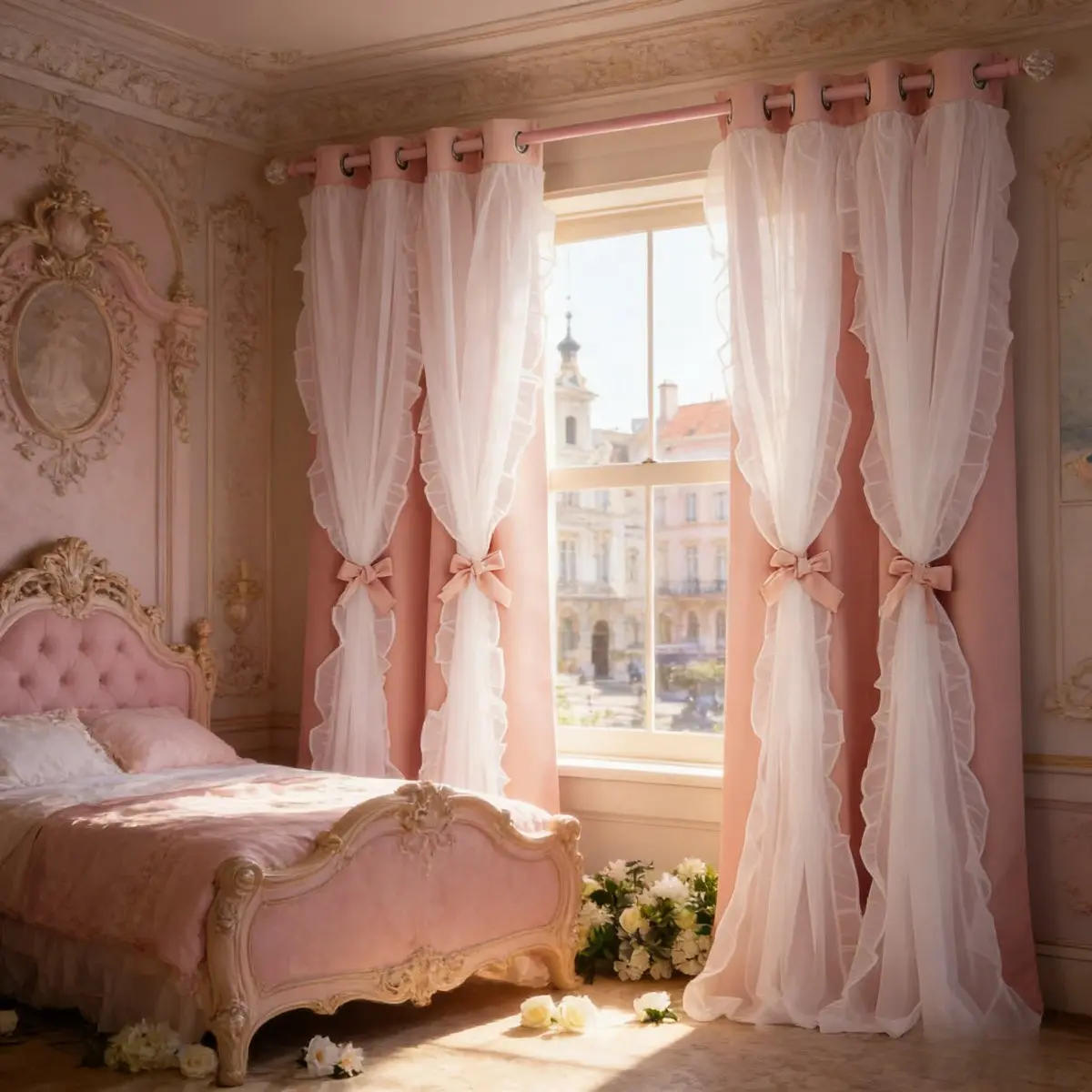 Princess Ruffle Blackout Curtains with Sheer Overlay, Bow Tie Drapes for Girls Bedroom, Grommet Window Curtain Panels, Privacy Grommet Curtains, Home Decorative Curtain