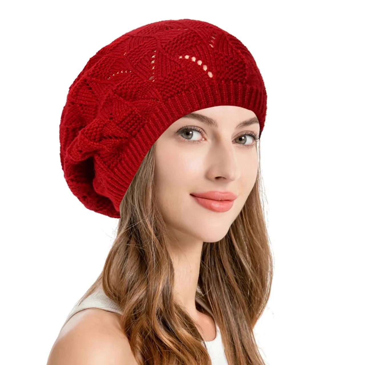 Women Hollow Out Knitted Beret Hat Spring Autumn Elastic Crochet Beanies for Lady Casual Solid Color Painter Artist Caps