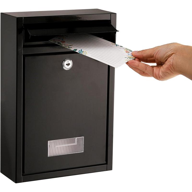 Wall Mount Mailbox, Steel Cover Metal Drop Box, Mail Box with Key Lock, Dropbox with Slot for Envelope, Home, Outside, Office Business, Decor, 12.6" H x 8.5" L x 3.3" W, Black