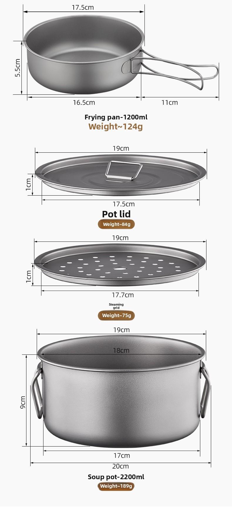 Pure Titanium Camping Cookware Set Foldable Lightweight Outdoor Pot Pan for Backpacking Hiking Picnic Cooking with Soup Frying Pot