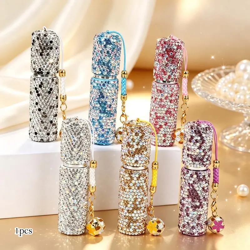 5ml Rhinestone Decorated Perfume Refillable Bottle, Press Spray Glass Mini Portable Travel Sample Container, Luxury Diamond-studded Leakproof Empty Bottle