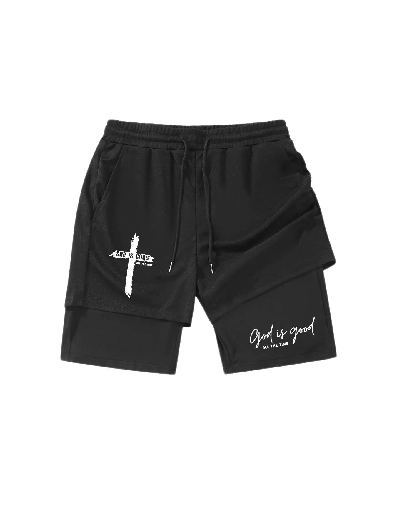 God Is Good Print Teen Boy Cross Print Drawstring Waist Dual Layer Multifunctional Casual Shorts, Spring Return to School Essential