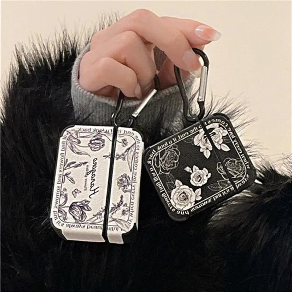 Luxury French Black And White Rose Leather Square Earphone Case For Airpods 4 2024 2 3 Pro2 With Keychain Shell Protective Cover