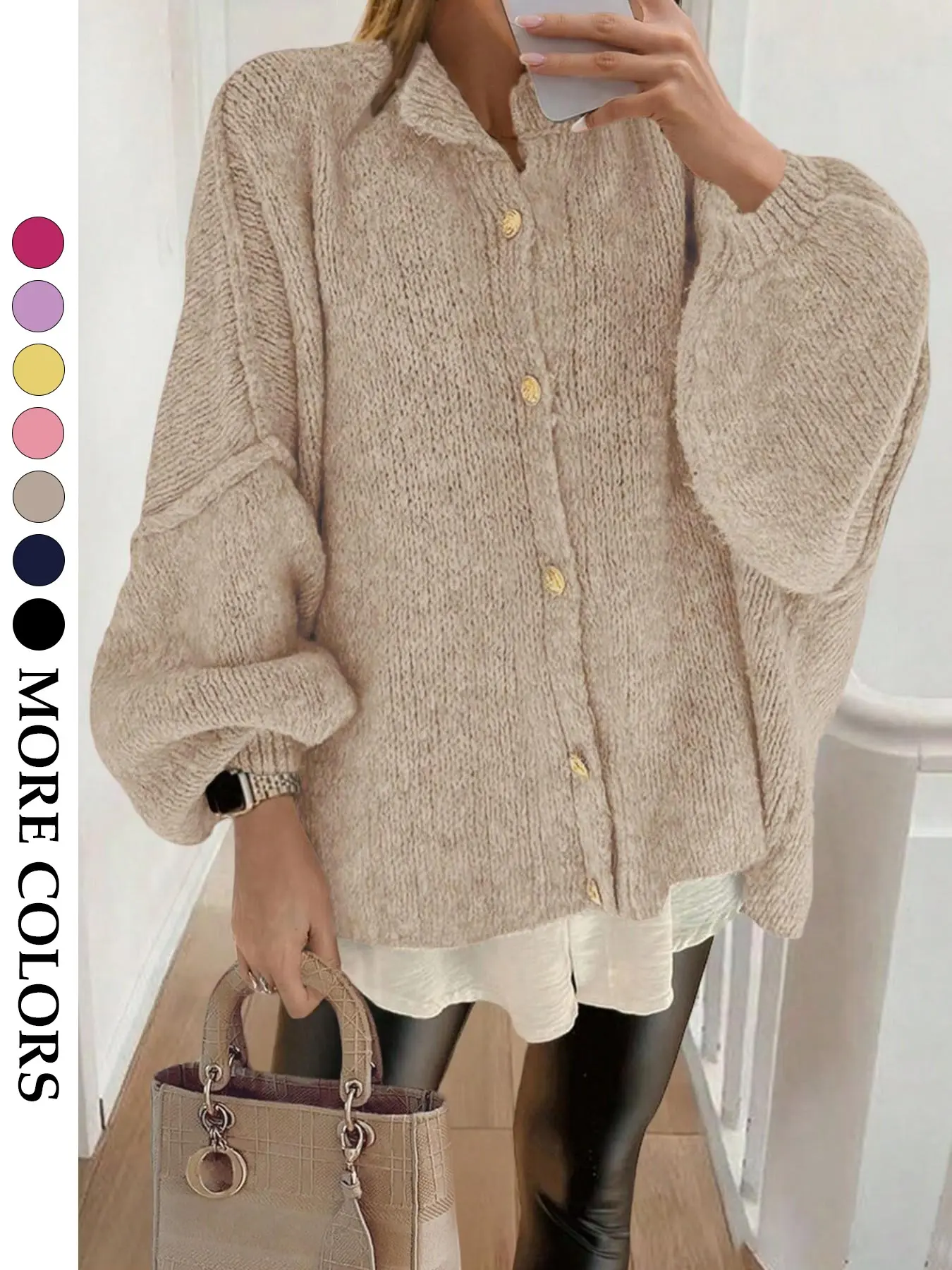 Women's Fashion Chic Knit Cardigan, Stand Collar Metal Button, Lantern Bubble Sleeve, Loose-Fitting Short Sweater Coat, Fall Winter Casual Top