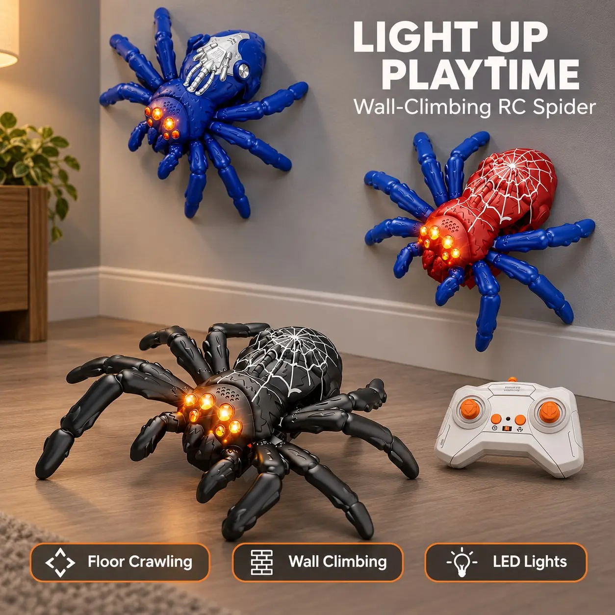 Remote Control Spider Robot Toy, LED Glowing Eyes, Electric Crawling Spider, 360° Rotation, Halloween Gift for Boys