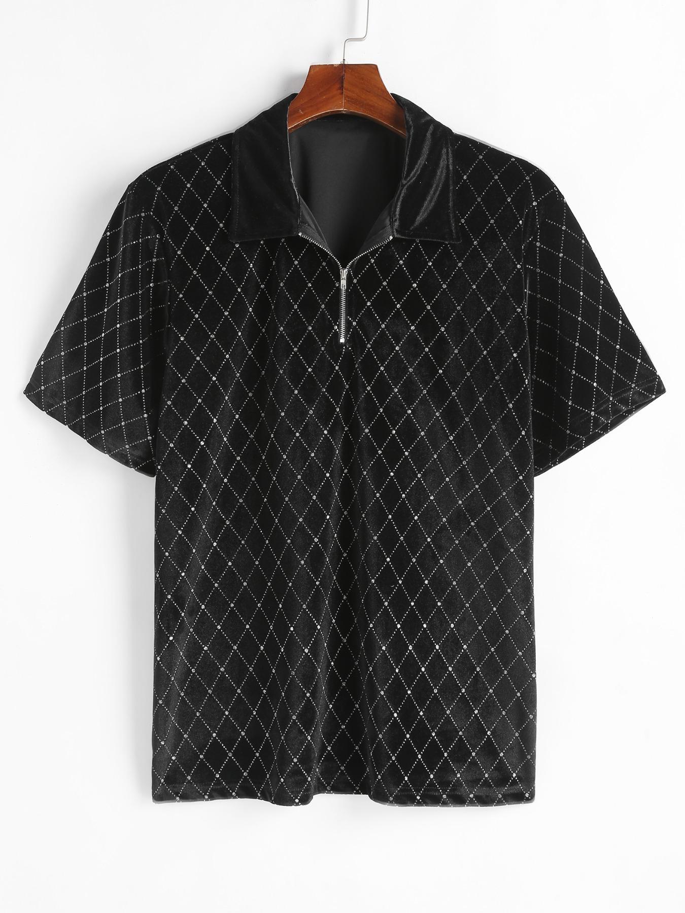 ZAFUL Men Argyle Pattern Quarter Zip Velvet Polo Shirt, For Husband Men's Velvet Printed Sparkly 1/4 Zipper Short Sleeve Collared Shirt Going Out Tops