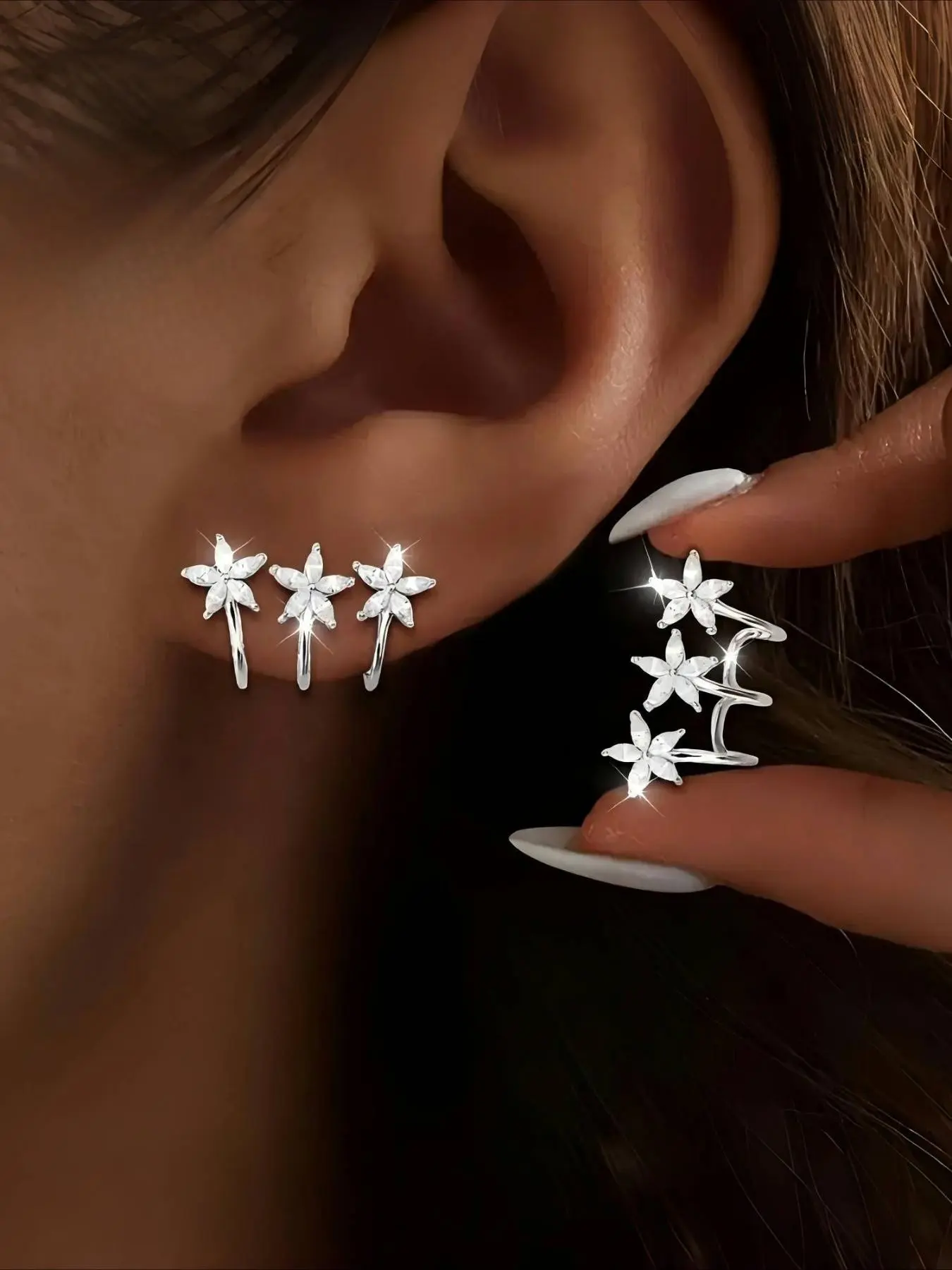 A pair of S925 sterling silver women's earrings with three flower synthetic cubic zirconia design, luxurious and elegant, suitable for Mother's Day and Valentine's Day gifts, suitable for dinner wear