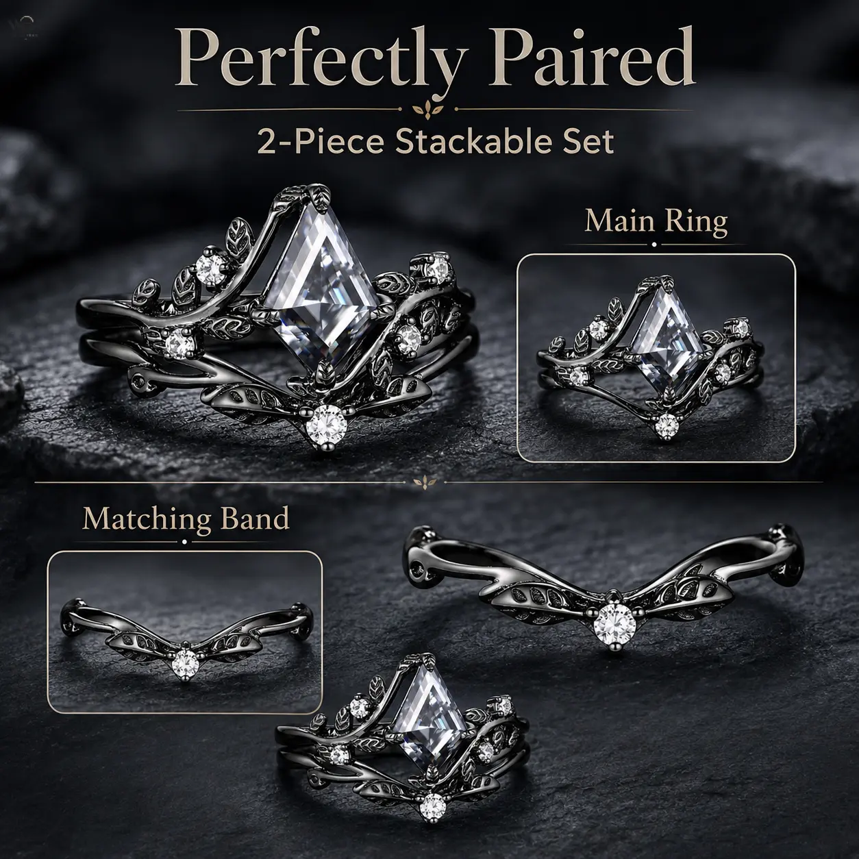 Gothic Retro Ring Set for Women, 2-Piece Stackable Vine Leaf Carve Bands in Anti-Tarnish Alloy with Kite Cut CZ, US Sizes 5-11, Stackable Bands, Unique Rings, Cubic Zirconia, Embossed Branch And Leaf Carving, Female Rings