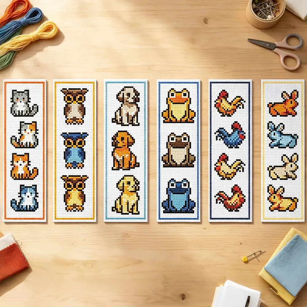 6 Piece Farm Animal Cross Stitch Bookmark Set, Beginner Friendly Fabric Bookmarks, Includes Plenty of Thread, Unique Home Decor