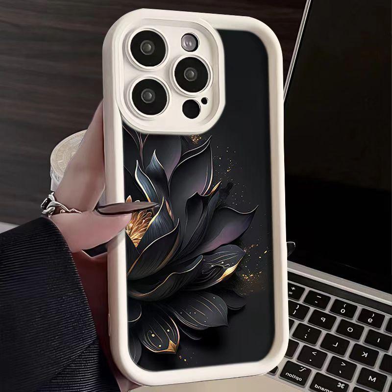 Aesthetic Black Gold Lotus iPhone Case for iPhone 17 16 Pro Max 15 Pro 14, Luxury Full Protection Shockproof Cover, Trendy Floral Phone Case