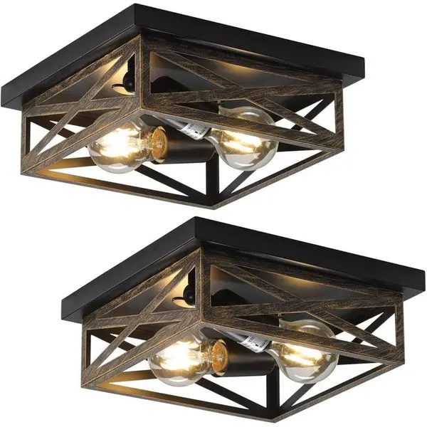 Farmhouse Flush Mount Ceiling Light, 2-Pack 11in Industrial Metal Cage Fixture, Rustic Lamp for Kitchen, Bedroom, Entryway