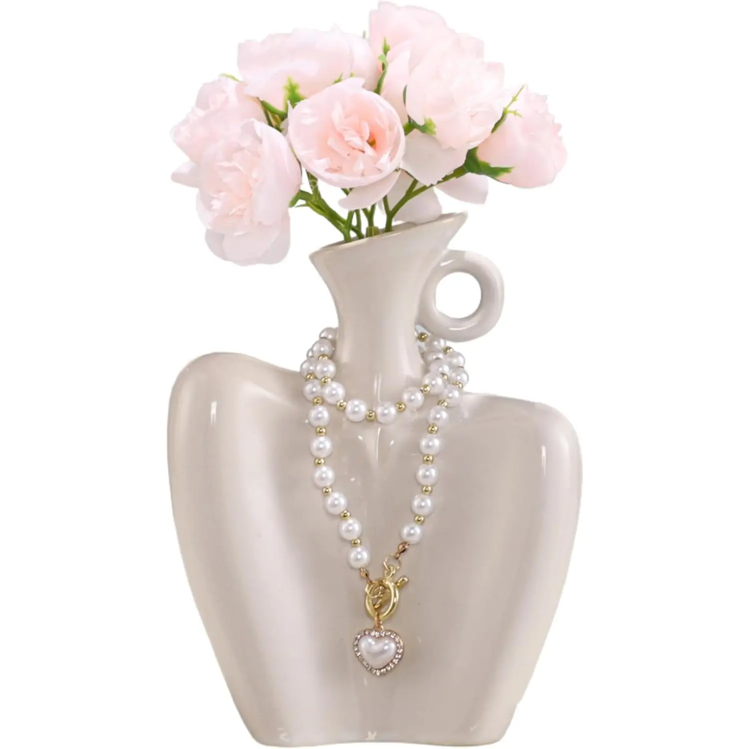Black Body Shape Ceramic Vase Set, 4 Artificial Flowers + Pearl Chain Included, Living Room Table Top Centerpiece, Creative Home Decor Art Ceramic Bottle (White with Flowers), Box