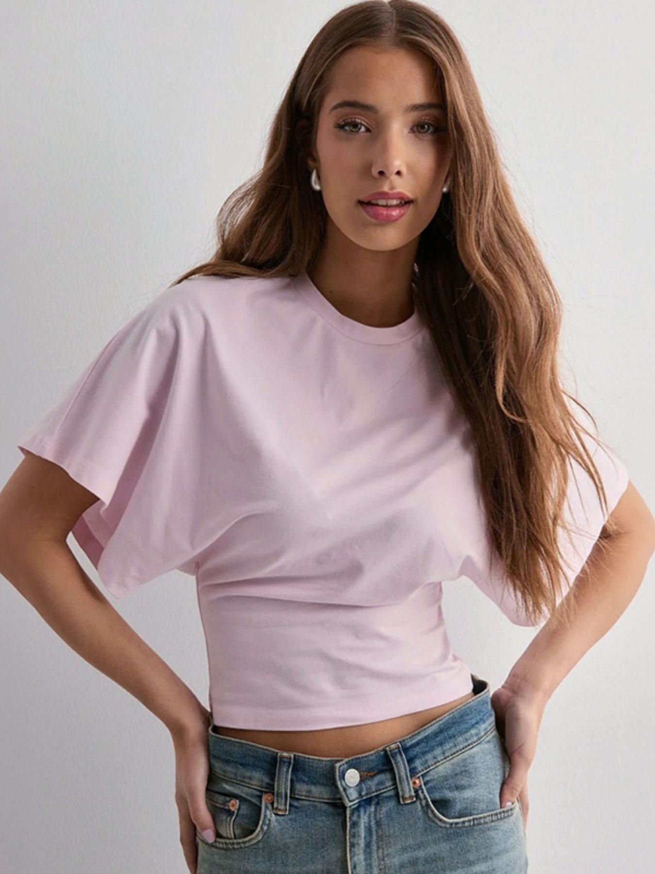 Women's Basic Solid-Color Round Neck Tee, Casual Loose Half-Sleeve T-shirt for Summer, Women's Top for Daily Wear