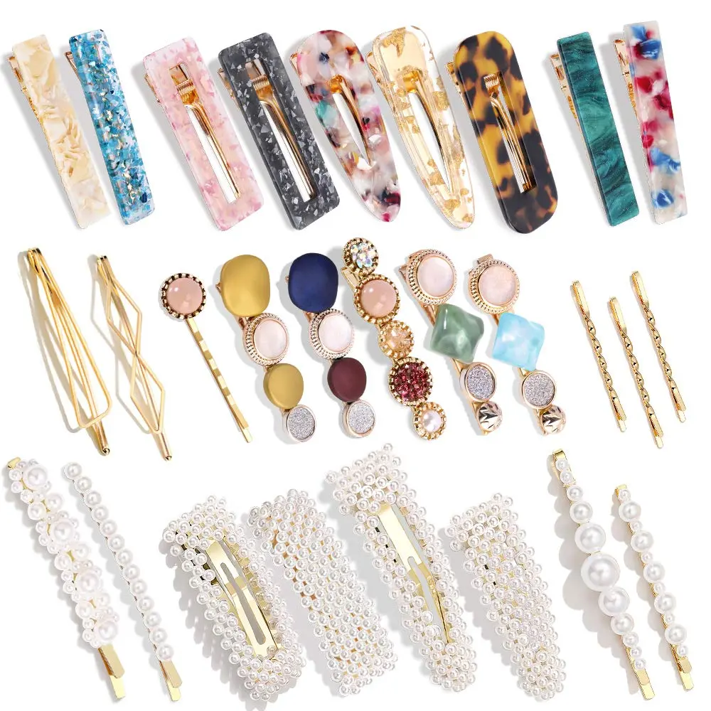 28 PCS Pearls and Acrylic Resin Hair Clips, Handmade Hair Barrettes, Marble Alligator bobby pins, Glitter Crystal Geometric Hairpin, Elegant Gold Hair Accessories, Gifts  Women Girls New model