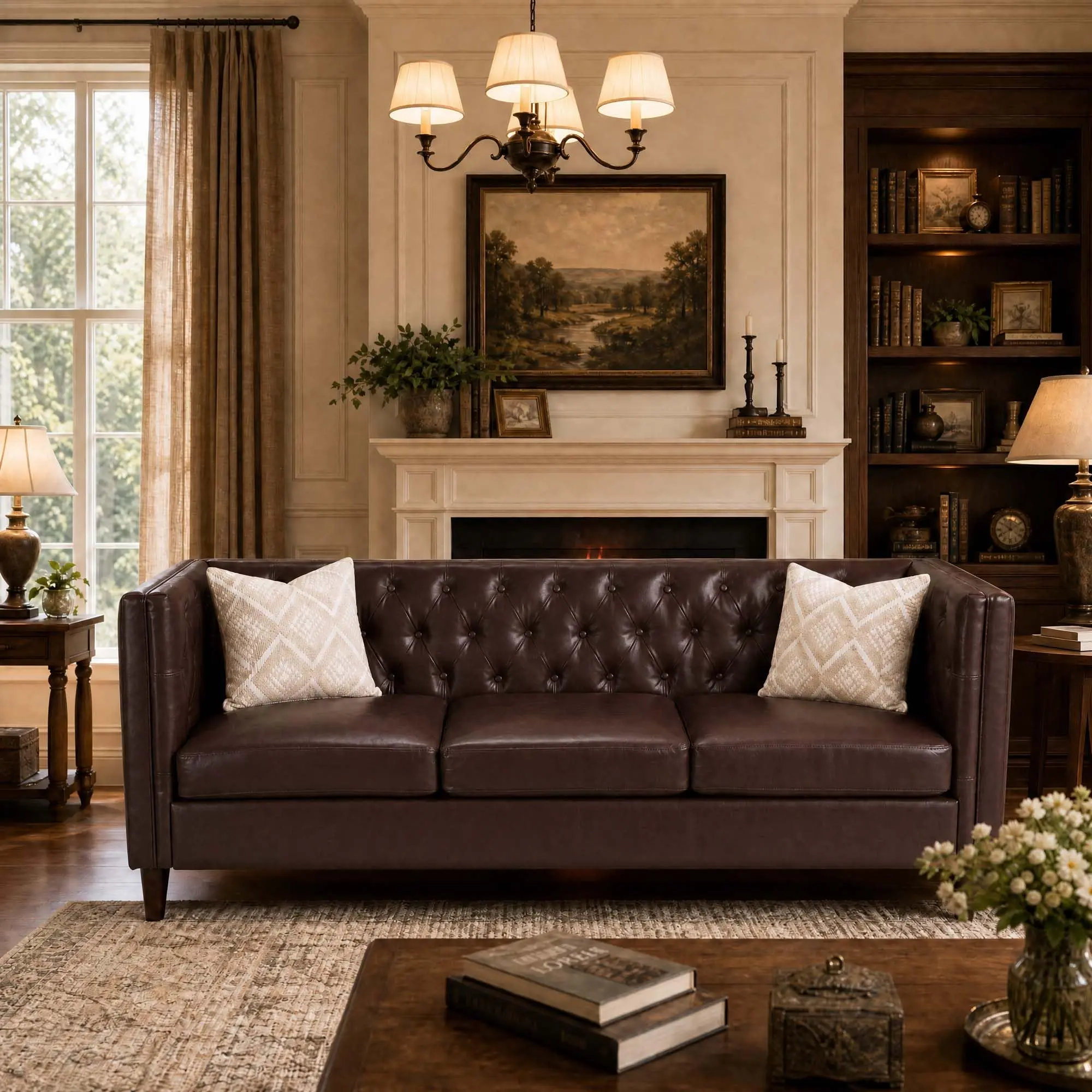 81" Modern Leather Couch for Living Room, Mid Century Leather Sofa with Deep Seat, Handmade Button Tufted Sofa, Chesterfield 3-Seat Couch for Apartment, Office