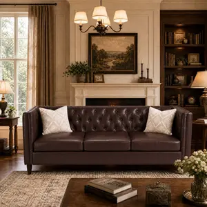 81" Modern Leather Couch for Living Room, Mid Century Leather Sofa with Deep Seat, Handmade Button Tufted Sofa, Chesterfield 3-Seat Couch for Apartment, Office