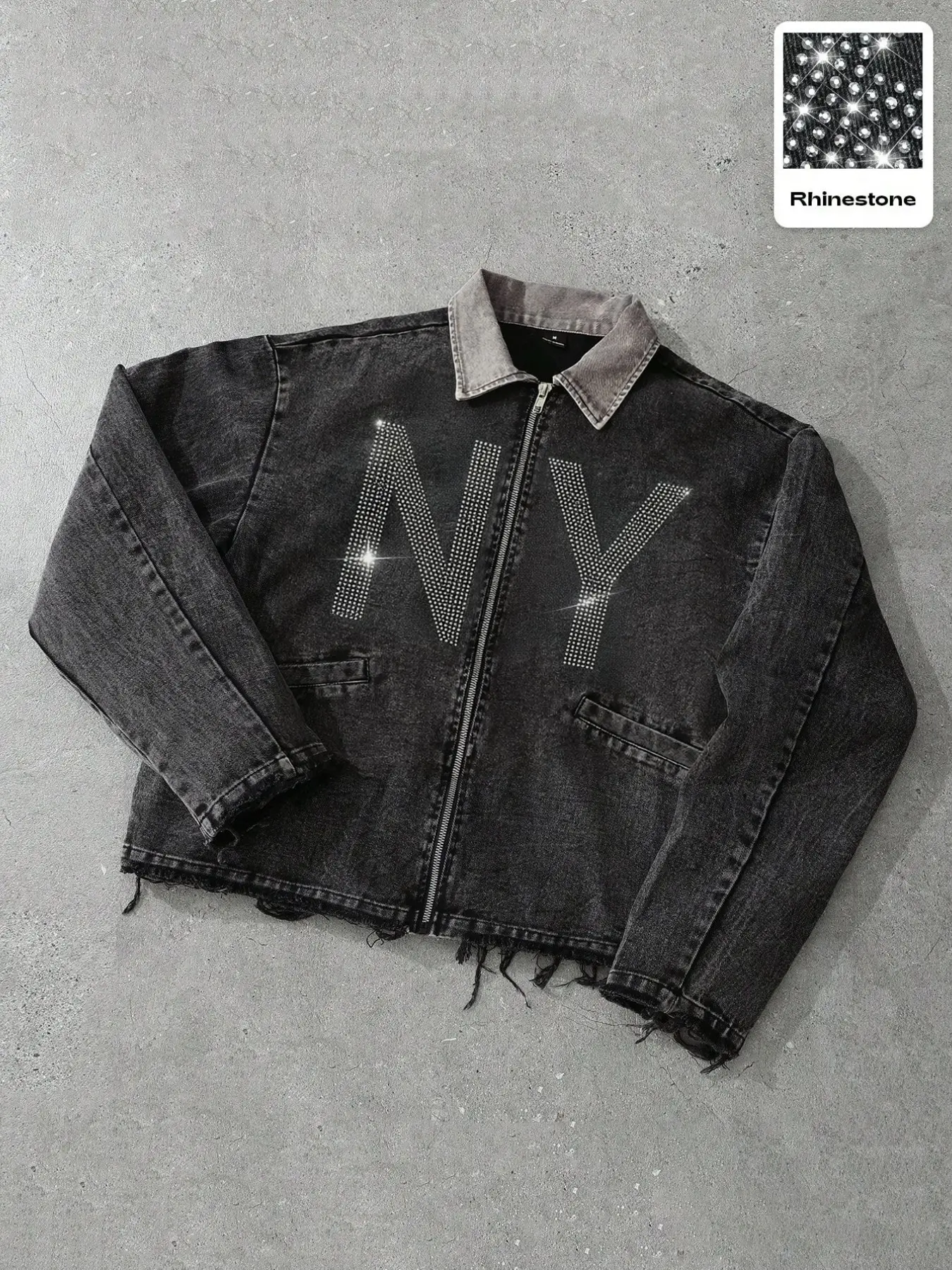 Men's Fashion Fall Winter Ripped Denim Jacket, Rhinestone Letter Print, Casual Streetwear, Vintage Rock Style, Cotton Material