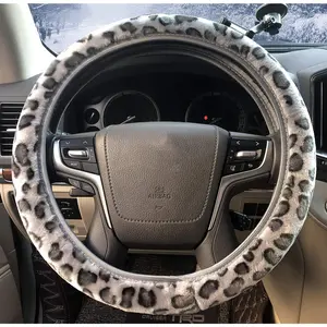 Leopard Print Steering Wheel Cover,  15 Inch Elastic Plush Softy Steering Wheel Cover for Women Girls, Winter Warm, Anti-Slip, Gray