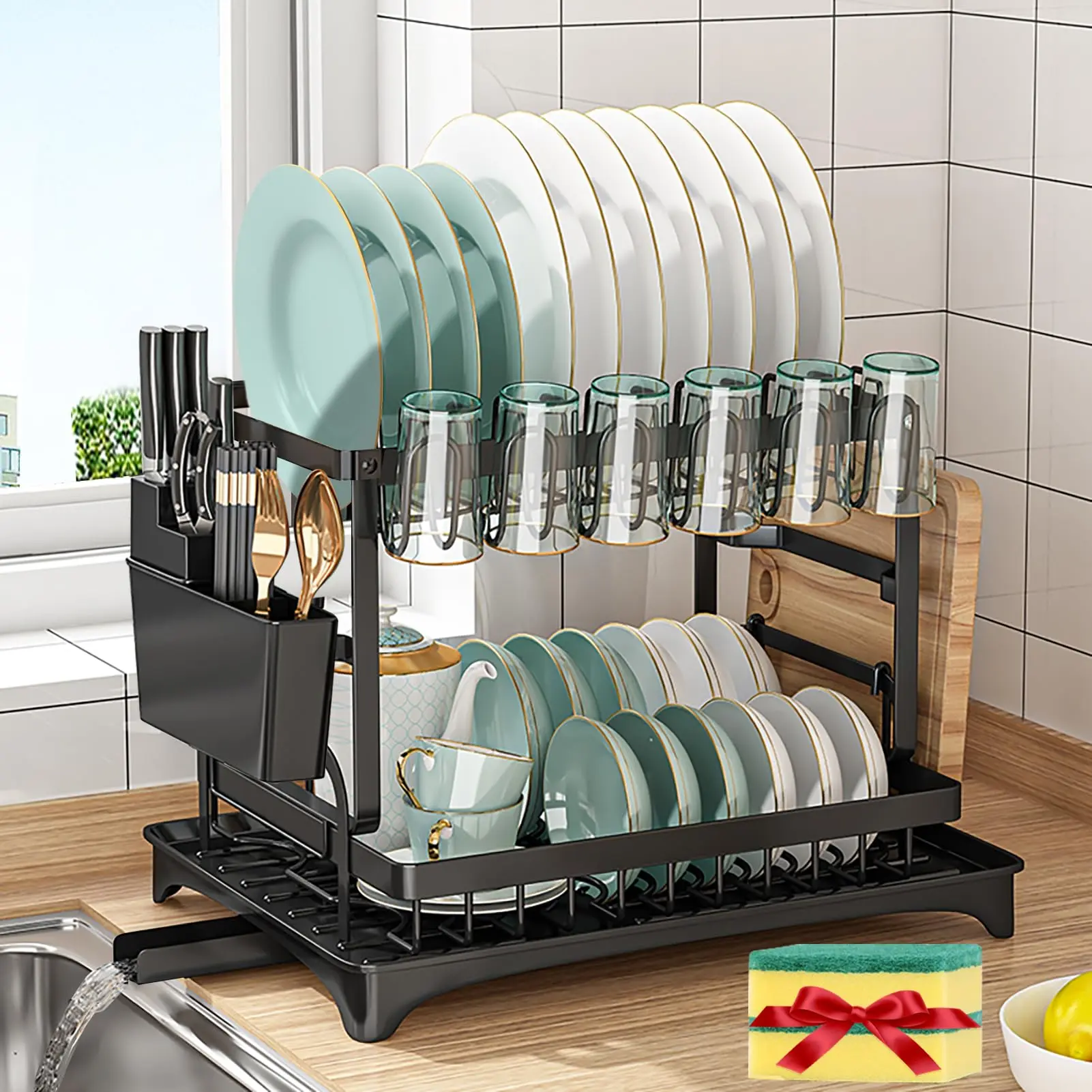 [Super Practical] Double-Tier Kitchen Countertop Dish Drying Rack with Drip Tray-Stainless Steel Dish Drying Rack, Suitable for Dishes, Knives, Cups, and Cutting Boards, Keeps Your Kitchen Clean and Tidy