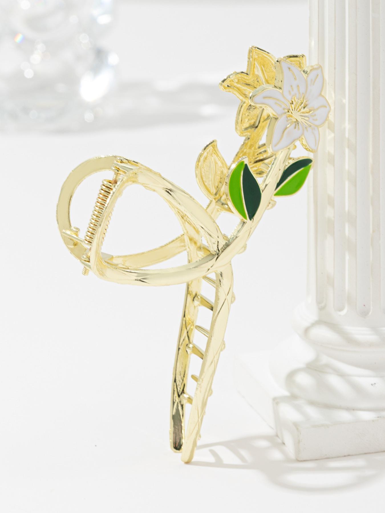 Summer Delicate Fashion Metal Flower and Leaf Decorative Hair Claw Clip, Simple and Elegant Accessory Holiday Birthday Gifts for Women