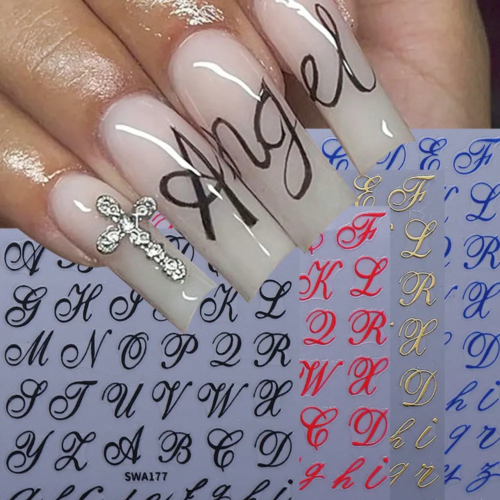 4pcs Letter Nail Stickers, Including Golden, Red, Blue, and Black Letters. Self-adhesive Nail Stickers, DIY Nail Art Decorations and Accessories, Nail Supplies.