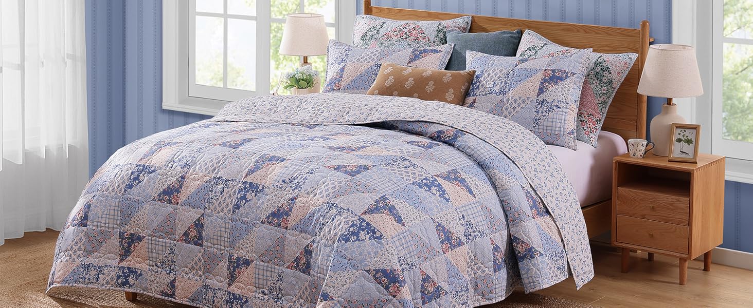 Set Queen Size, Patchwork Blue Pink Marigold Floral Sets, Reversible Bedspread Lightweight and Breathable for All, Soft Quilted Bedspread with 2 Pillow Shams