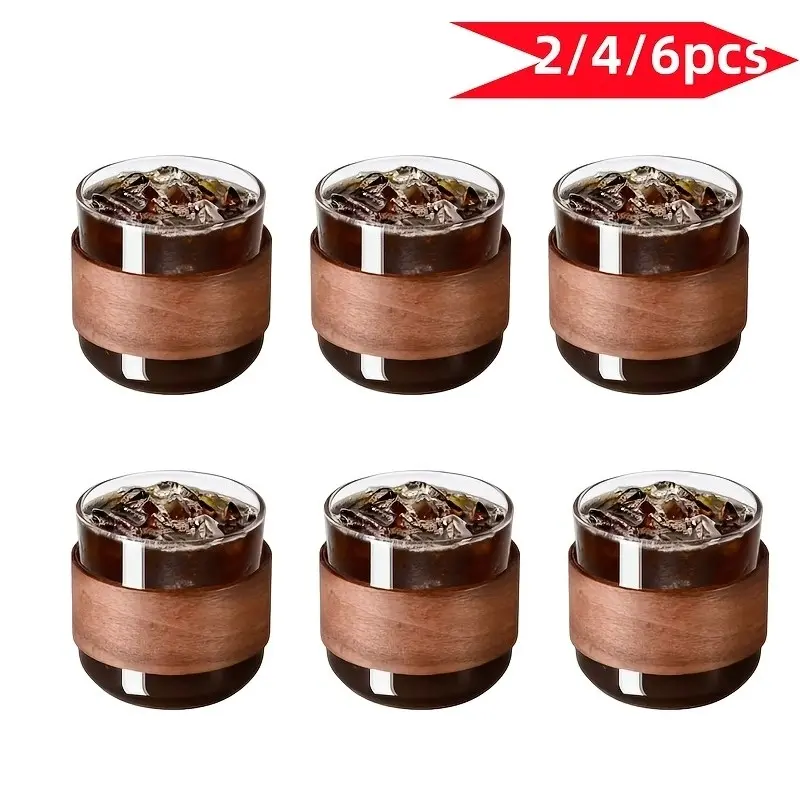 Mini Glass Cup Set, 2/4/6pcs, 134ML, High Borosilicate Glass, Wooden Handle, Heat Resistant, Ideal for Coffee, Tea, Dessert, Gift, Aesthetic