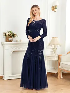 Dark Blue Sequined Long Sleeve Round Neck Mesh Fish Tail Formal Evening Gown, Waist Cinched Floor-Length Dress, Wedding Mother of the Bride, Event Hostess