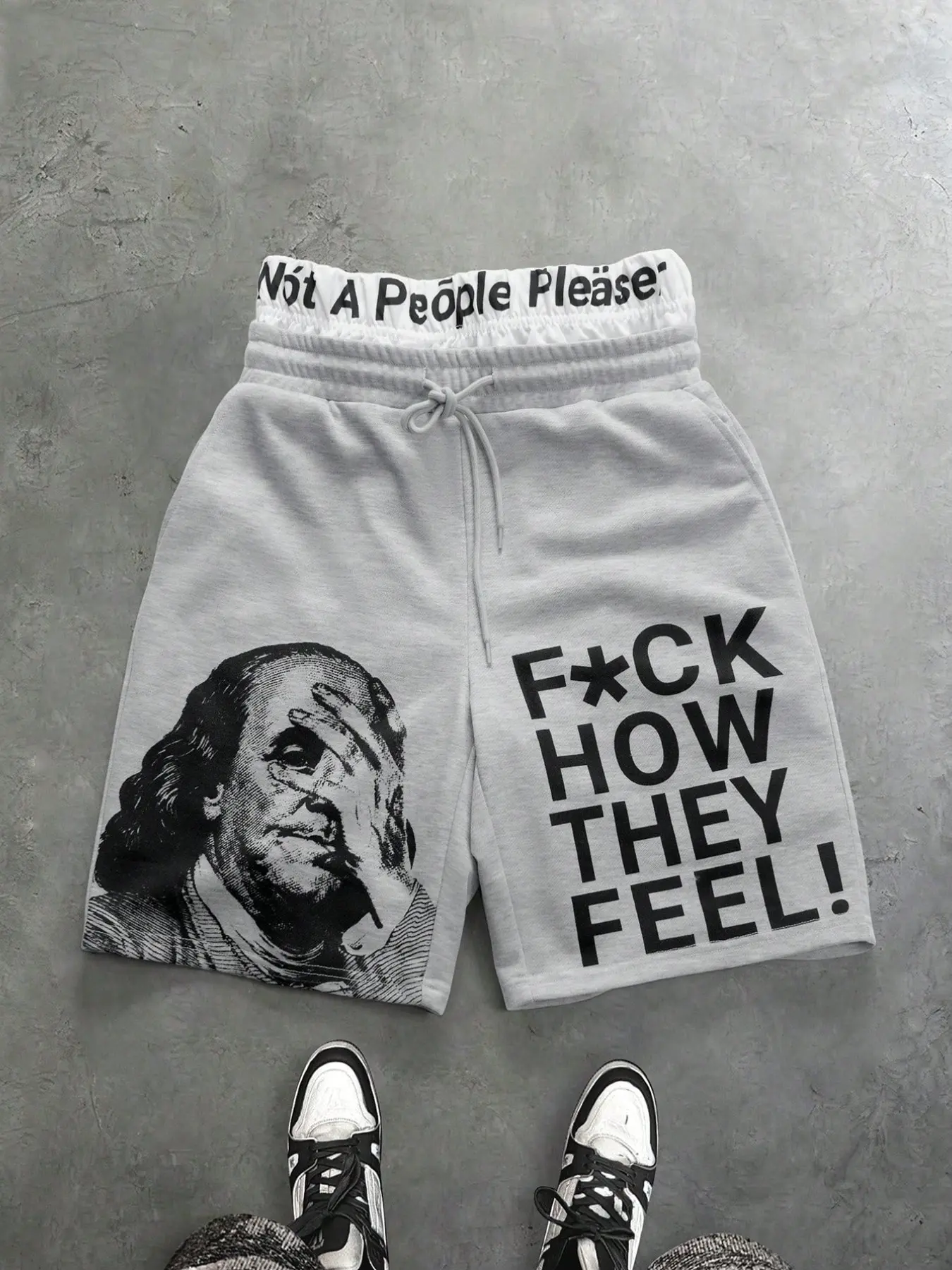 Men's Streetwear Shorts, Loose Dual Waistbands, American Vintage Franklin Portrait Print, Double Pockets, Summer Drawstring Pants, Casual Style
