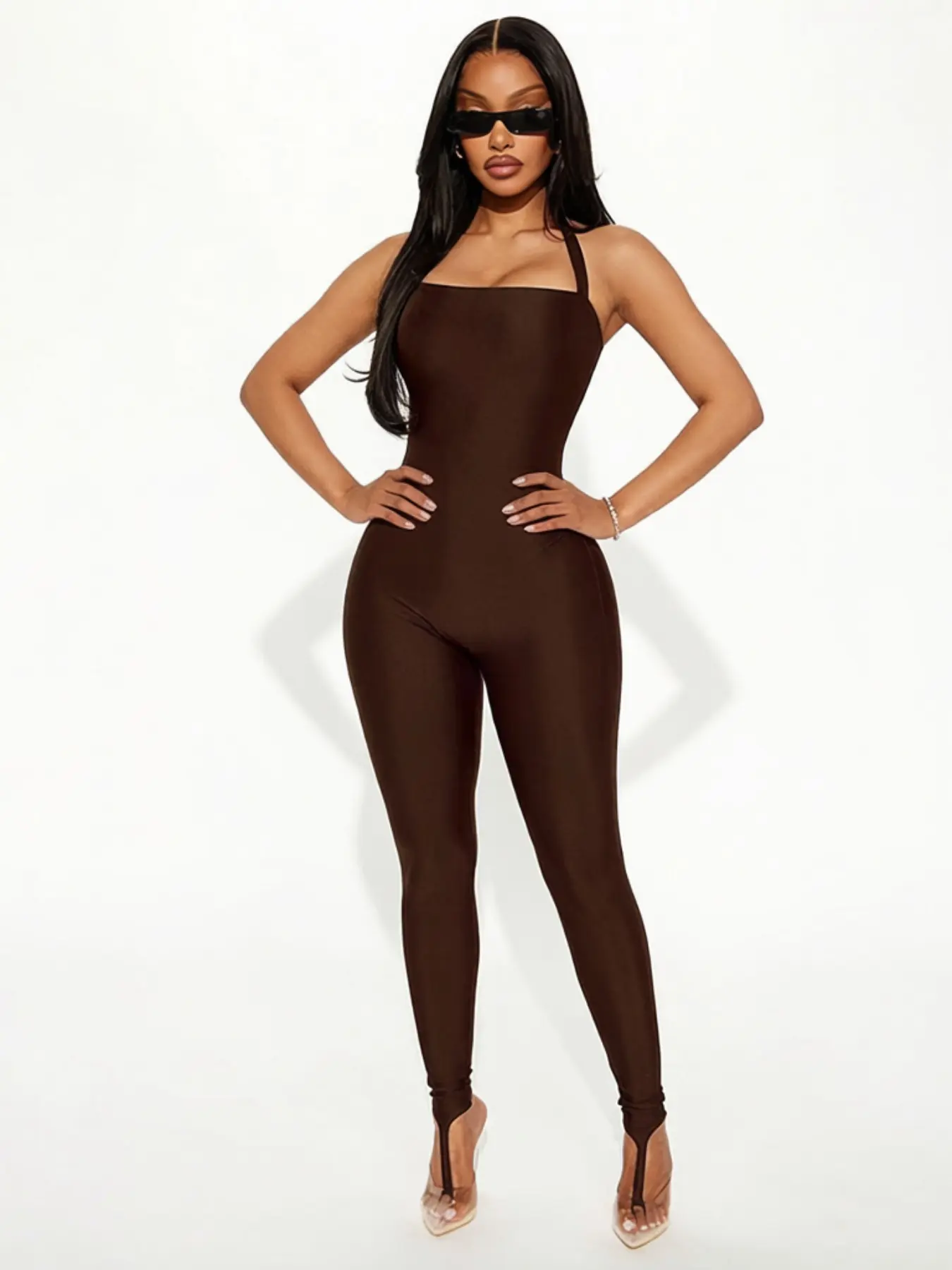 Solid color Square Neck Sports Shapewear Jumpsuit Back tie High Stretch Foot Loop Jumpsuit Tummy Control Hip Lifting Perfect for Fitness Running and Outdoor Trips