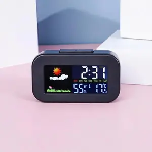 Mini Weather Forecast Digital Alarm Clock with Backlight Temperature Humidity Week Display Electronic LED Clock for Living Room