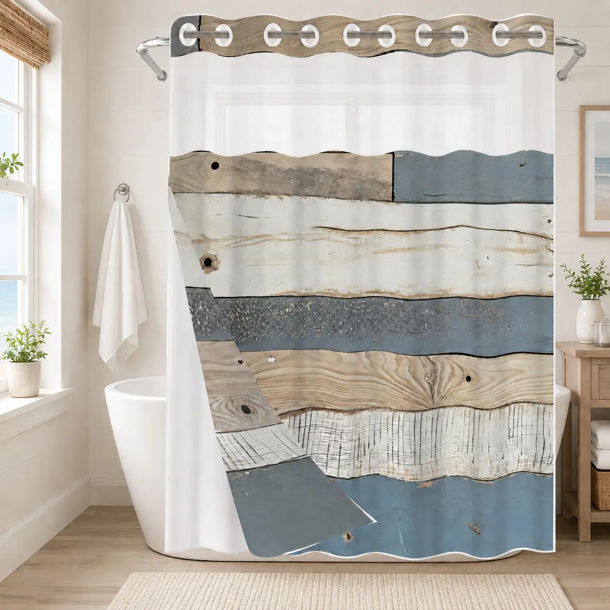 1Pc Hookless Double Layer Shower Curtain, Blue White Rustic Wood Plank Print, Waterproof Washable Fabric, Snap-in Liner, See-Through Window, Farmhouse Bathroom Decor for Apartment, Rental, Guest Bath, RV