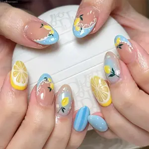 24Pcs Set Short Almond Press On Nails 3D Fruit Lemon Light Blue French White Lace Waterdrops Cottagecore Aesthetic For Summer Vacation For Women