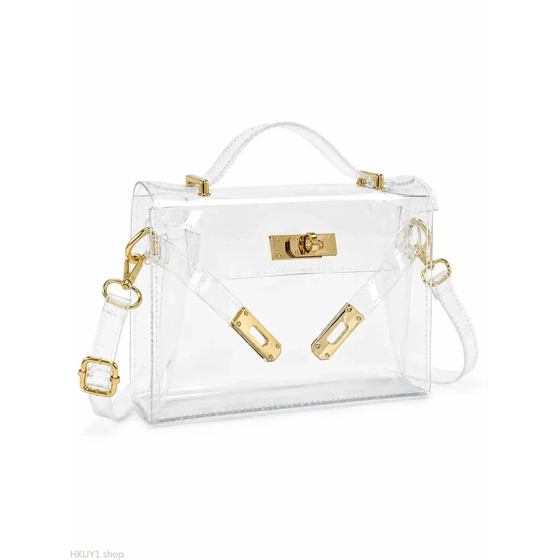 Transparent Jelly Crossbody Bag for Women, Trendy Y2K Clear PVC Shoulder Purse with Gold Lock, Aesthetic Minimalist Handbag with Adjustable Strap, Lightweight Waterproof Stadium Approved Bag for Concerts, Travel, Summer Outfits & Daily Use
