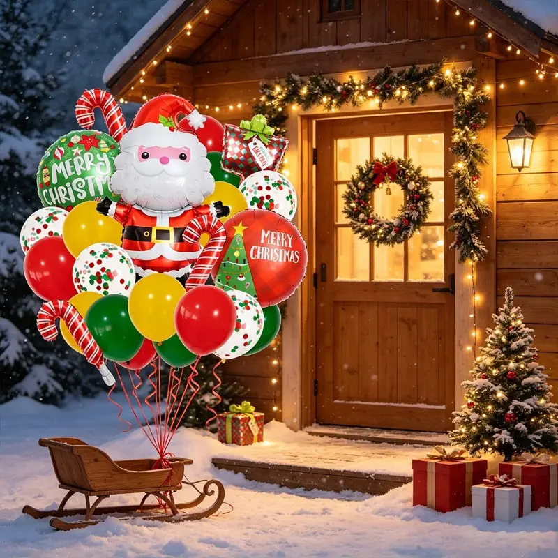 26-Piece Santa Claus Theme Balloon Set, Featuring a Santa Claus balloon，Mini cane/gift balloons, candy balloons, latex balloons—2 styles available，Suitable for Christmas decorations, Christmas Eve family gatherings，Create a festive winter atmosphere