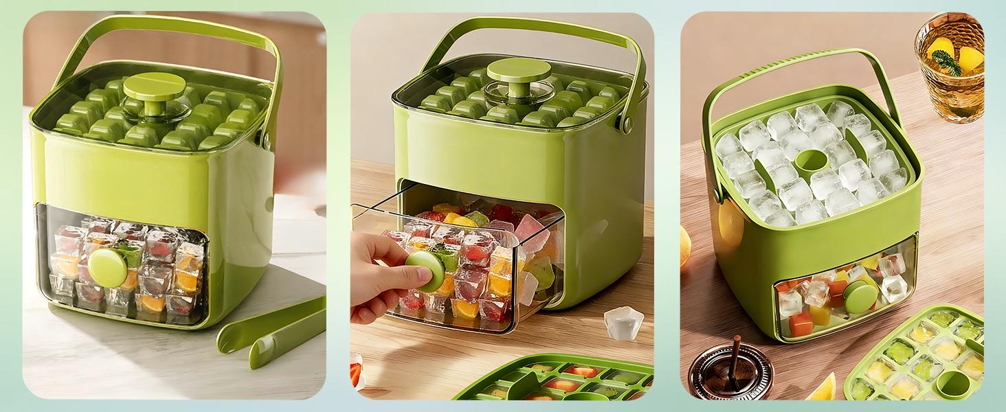 Plastic Ice Cube Trays with Bin and Scoop for Freezer, 2 Pack Easy-Release Sturdy Ice Tray with Lid, Stackable Ice Maker Set for Whiskey, Cocktails, Iced Coffee, BPA Free, White