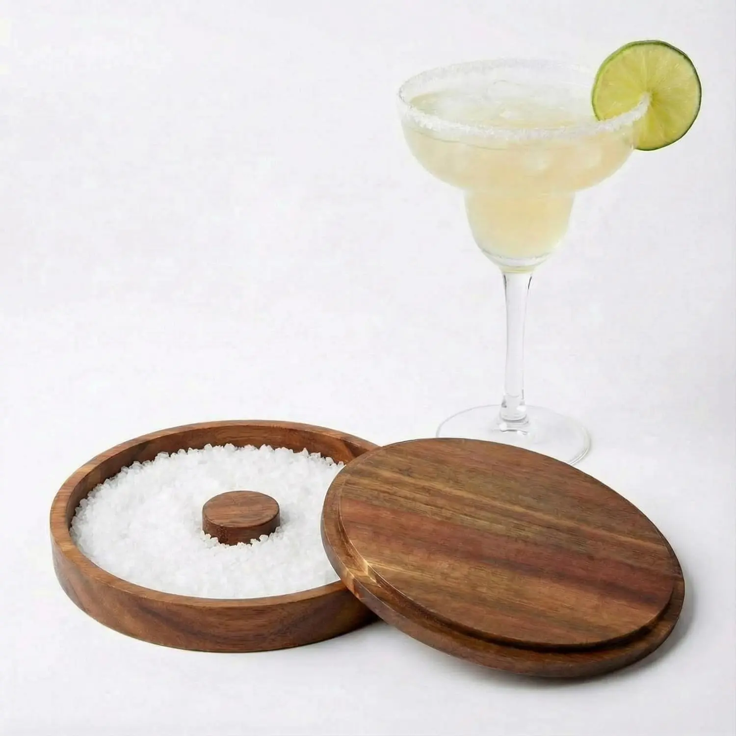 1 Pcs Margarita Salt Rimmer Set Glass Rimmer with Lid Home Bar Accessories Plate for Sugar Drinks Cocktails Bartender Tool Kit Party Restaurant, 5.9" Diameter (Acacia Wood)