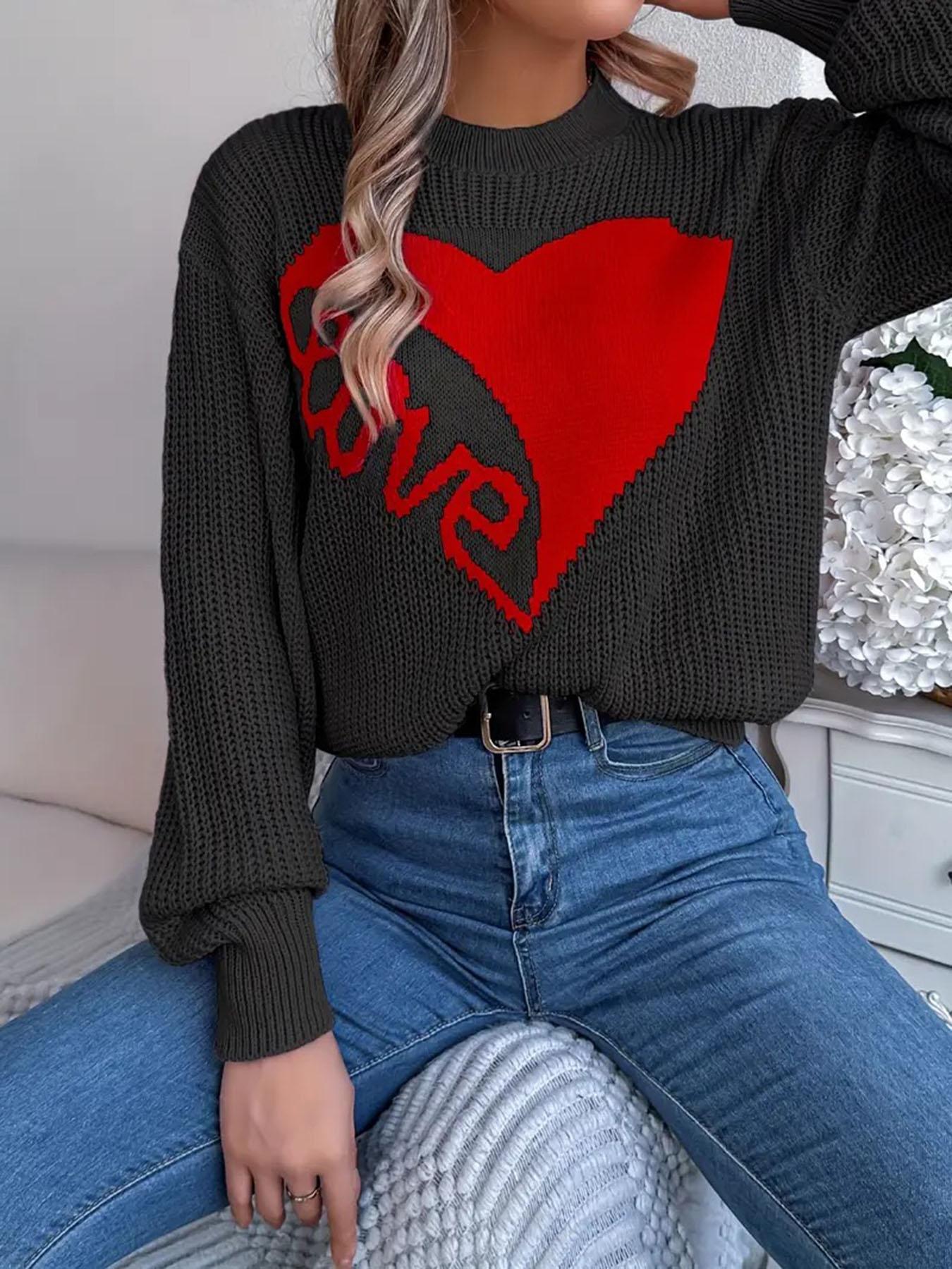 New Heart Loose Knit Sweater for Women, Autumn Winter Round Neck Pullover, Casual Colorblock Design, Lazy Style Heart Pattern Top, Knitted Shirt