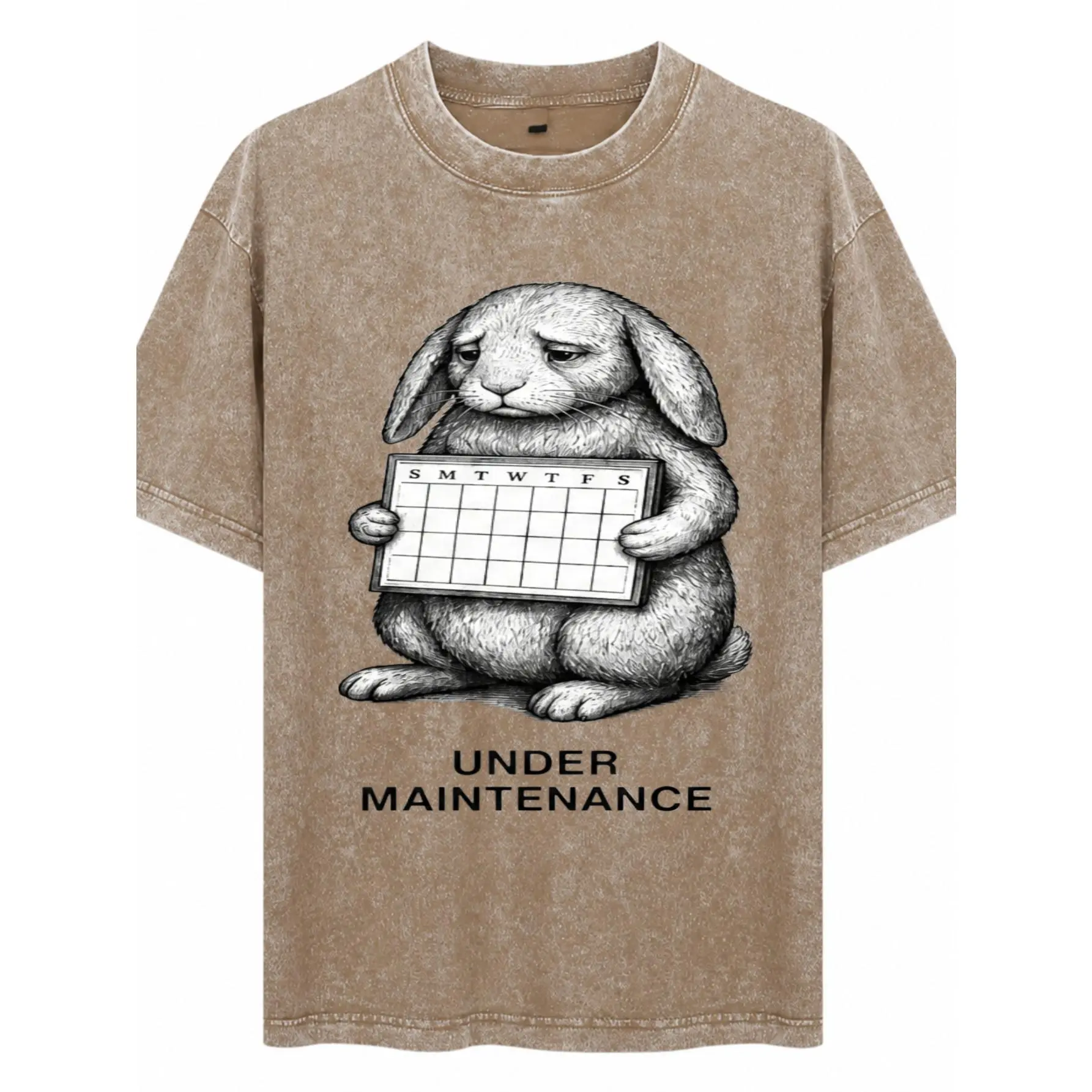 Streetwear Style, Heavyweight Unisex Acid Wash Cotton T-Shirt, Bunny Holding Calendar With Under Maintenance Text, Screen Printed Graphic, Casual Wear For Men And Women