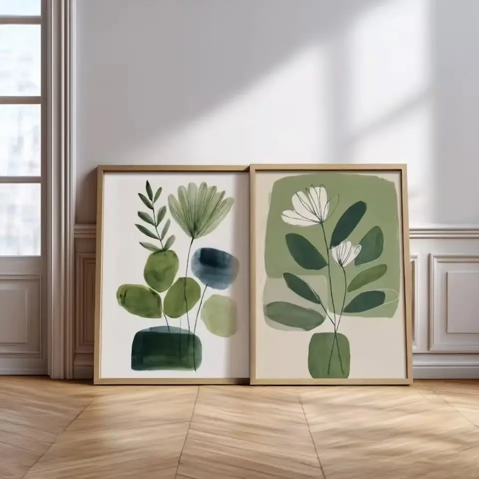 2pcs Sage Green Plant Art Abstract Artistic Canvas Painting Flower Wall Oil Painting Bohemian Home Decoration Living Room Frameless Hanging Painting