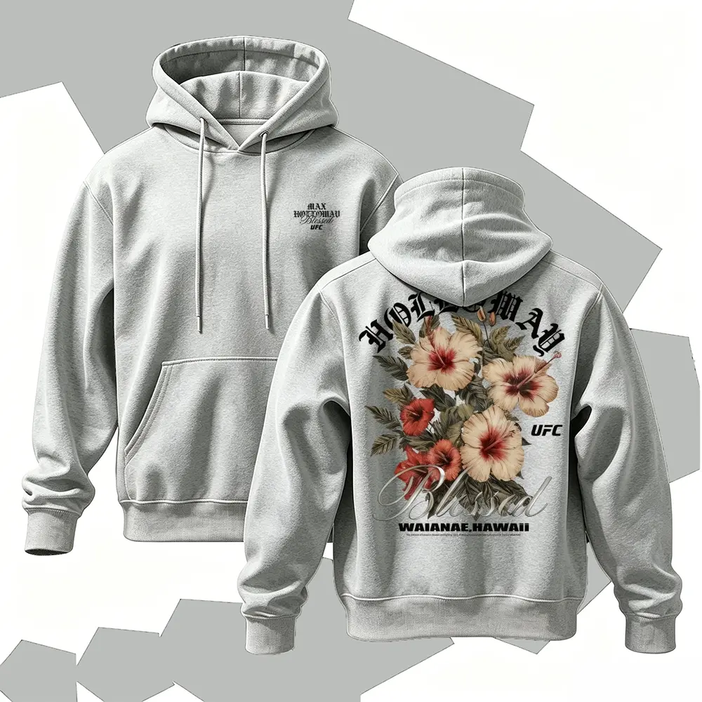 Vintage Blessed Max Holloway Hibiscus Flower Hoodie Dual Side Print Waianae Hawaii UFC MMA Fighter Pullover Hawaiian Tropical Casual Hooded Sweatshirt