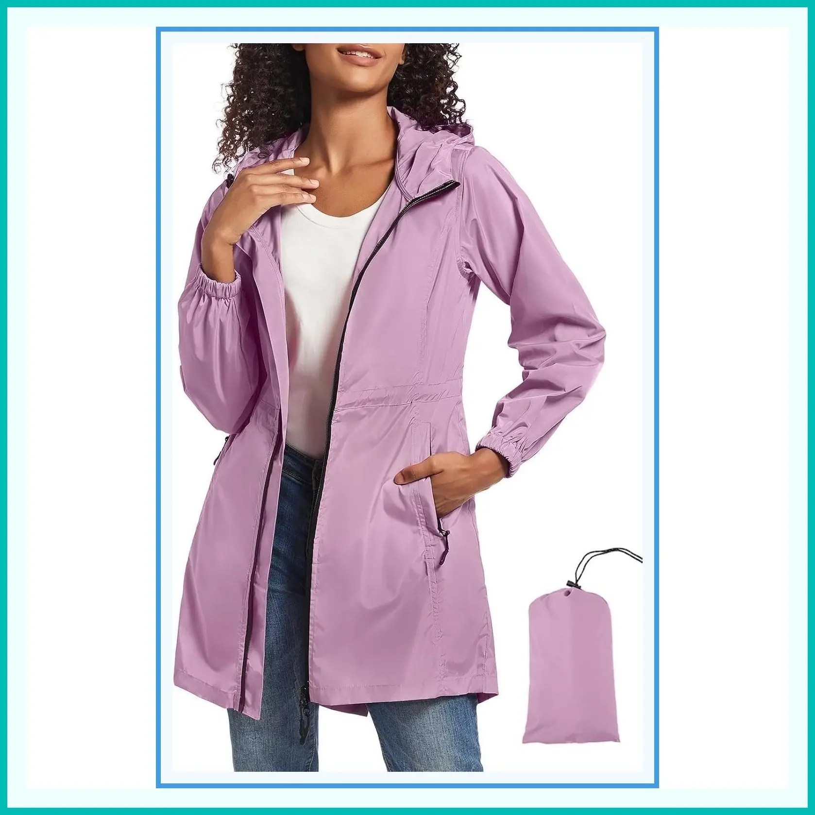 Women's Long Packable Waterproof Rain Jacket with Hood