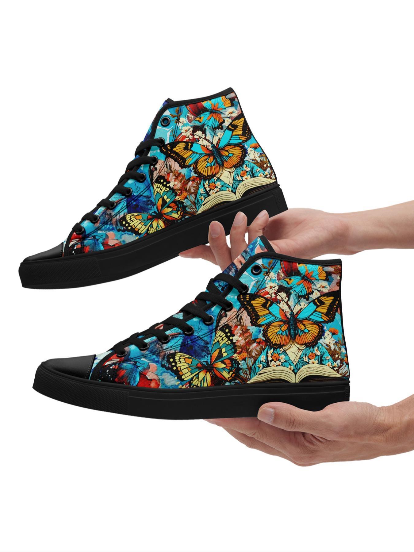 Women's Fashionable Butterfly Print Lace Up Front Canvas Sneakers, Casual Comfortable Soft Bottom Skateboard Shoes, All-match Round Toe Sports Shoes for Daily Wear