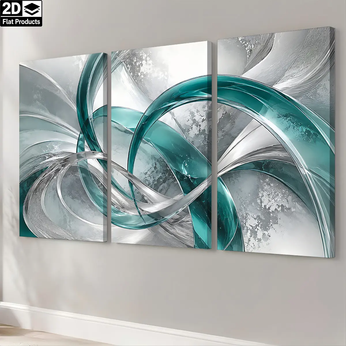 2D Flat 3-Piece Set - The pattern features a texture of light blue and silver twisted ribbons on a gray background. Themed canvas wall art, waterproof canvas print, ready to hang, home room decoration gift, suitable for Father's Day, graduation, birthdays