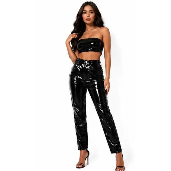 Women’s Black Smooth Crop Glossy Faux Leather Pants, High-Waisted Straight-Leg PU Bottoms with Front & Back Pockets, for Party Club Night Out & Everyday Wear, Button