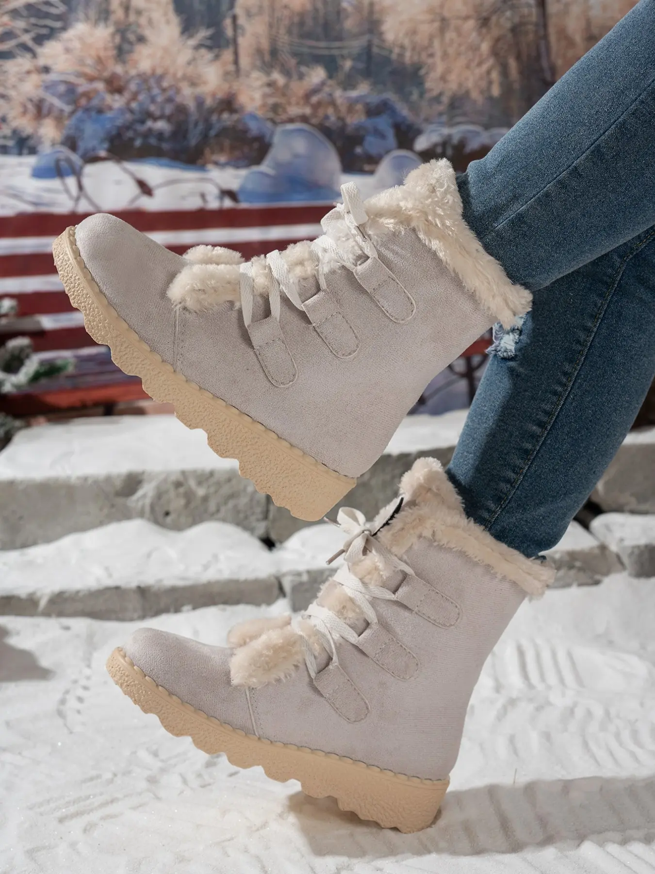 Women's Winter Mid-Calf Snow Boots, Fleece Lined, Round Toe, Wide Fit, Casual Style, Anti-Slip PU Sole, Outdoor Warmth