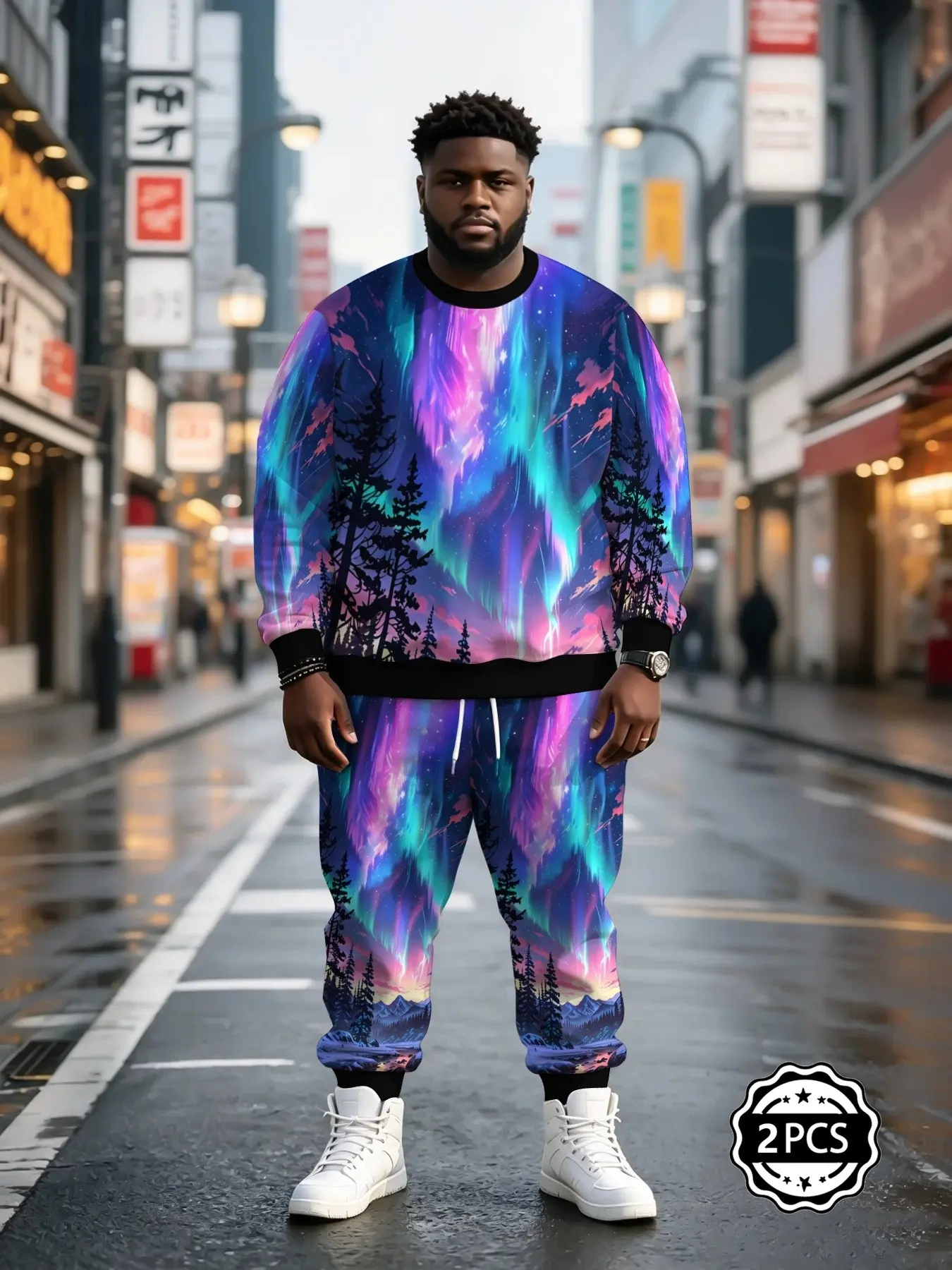 Men's Casual Long Sleeve Fitted Top & Ankle-Length Pants Set, All over Print, Natural Waist, H-Type Silhouette, Bx20260817 Batch Number